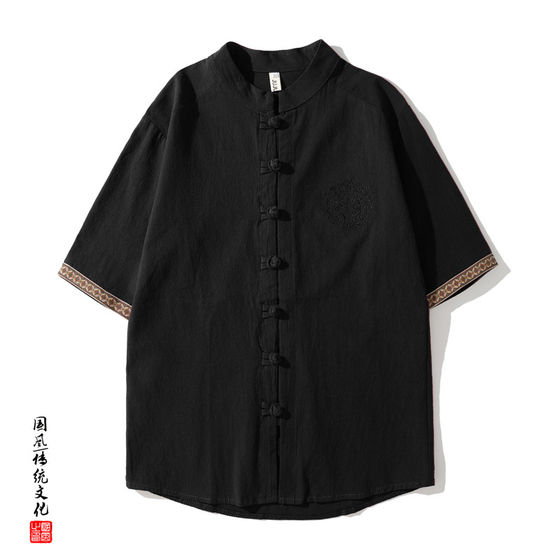 
Ethnic style embroidered flower short-sleeved shirt summer thin Tang suit half-sleeved casual undershirt men's retro improved Hanfu