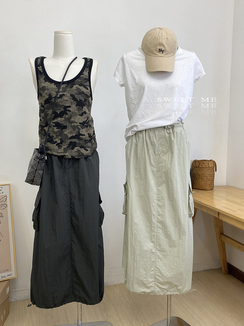 American retro work suit straight skirt for women thin sports high waist drawstring multi-pocket small hip-pack long skirt