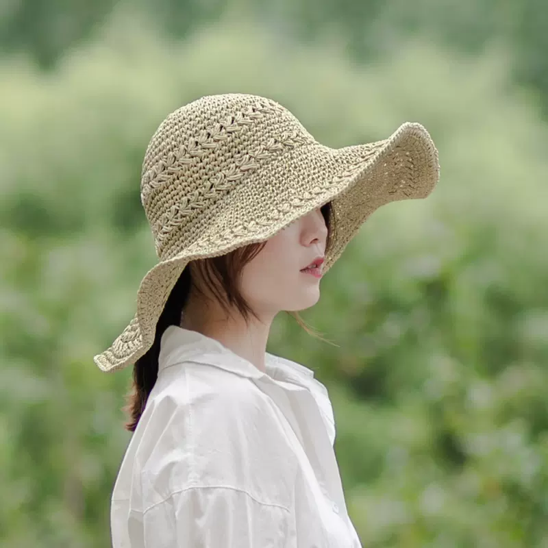 复古绿草帽子女夏天沙滩帽出游防晒太阳帽海边度假大檐遮阳帽百搭