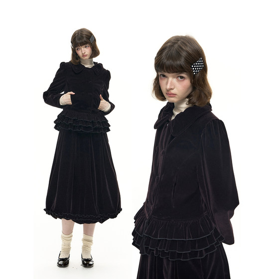 
Romance Nanci purple velvet cute retro bud collar double-breasted short coat bud skirt suit