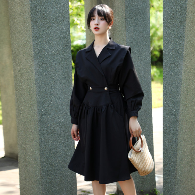 2020 Autumn New Dress Hepburn Style Black Skirt French Retro Over-the ...