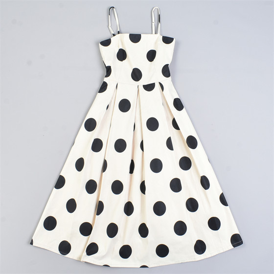 
French large polka dot suspender dress 513L82419 spring and summer off-shoulder pure high waist slim A-line long skirt