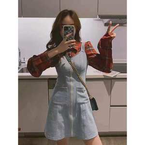 628 Korean denim strap dress L71217 summer and autumn zipper double pocket college high waist slim A-line skirt
