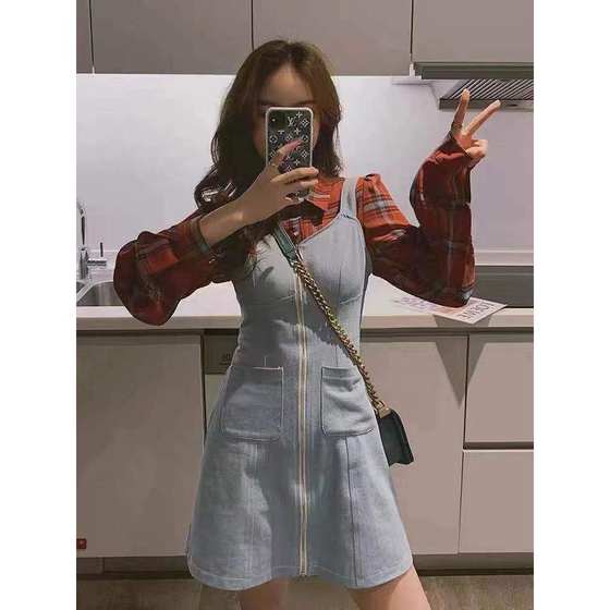 628 Korean denim strap dress L71217 summer and autumn zipper double pocket college high waist slim A-line skirt