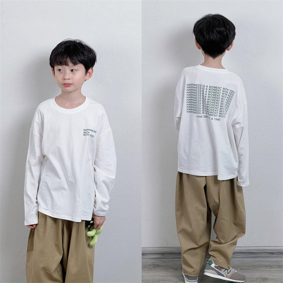 
Tongma customization for men, women and children Korean version loose cotton white front and back green happiness long-sleeved T-shirt autumn clothes