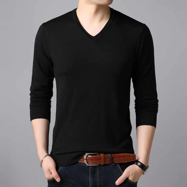 New sweater men's V-neck with wool youth solid color thin sweater ...