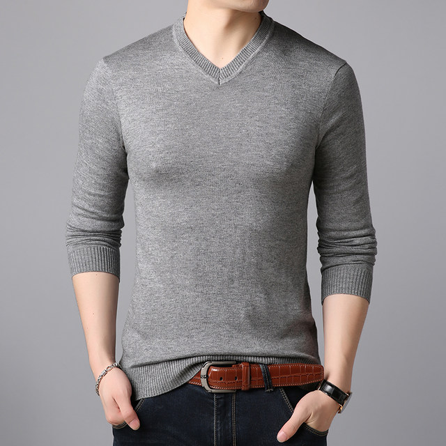 New sweater men's V-neck with wool youth solid color thin sweater ...