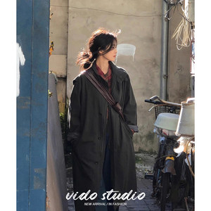 
White Deer's same style Korean retro mid-length windbreaker for women gray green casual literary and artistic style loose coat