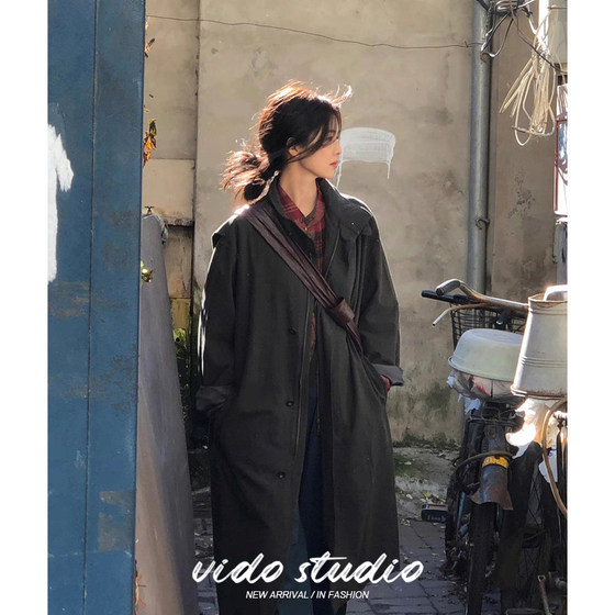 
White Deer's same style Korean retro mid-length windbreaker for women gray green casual literary and artistic style loose coat