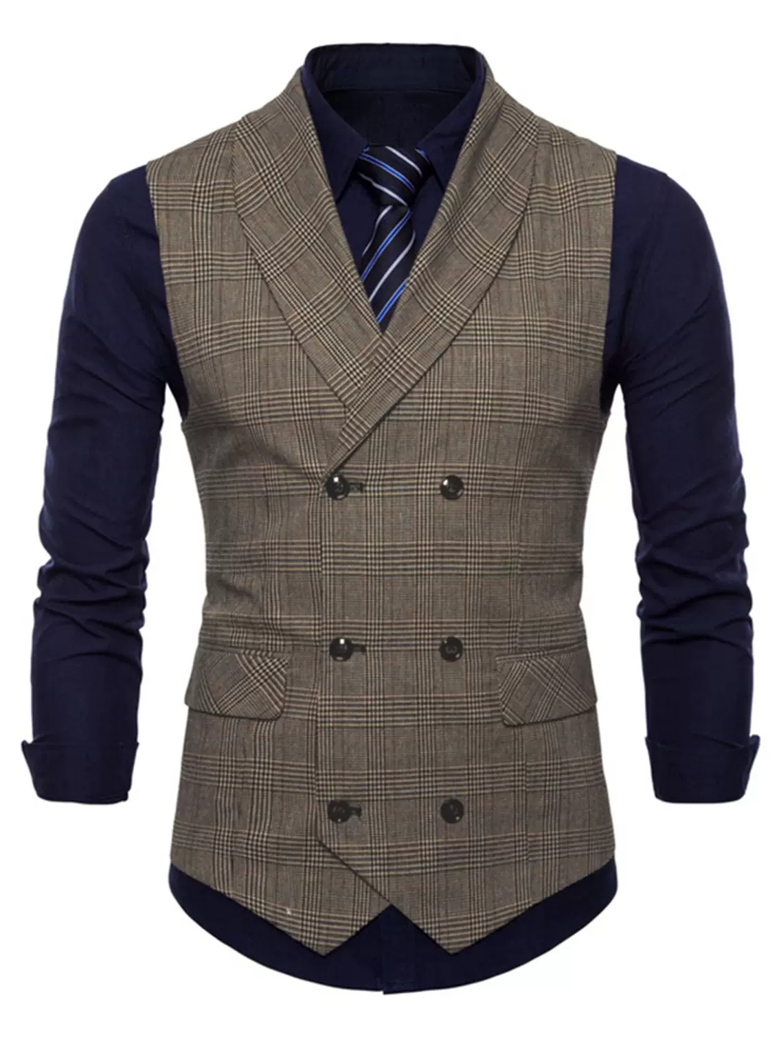 美式复古青果领双排扣格子马甲男款英伦西装马夹休闲大码背心坎肩