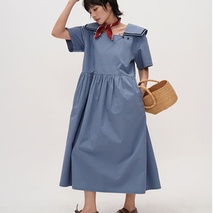 
Tan Yanmi blue doll collar dress for women in summer small loose college style age-reducing short-sleeved high-waist skirt