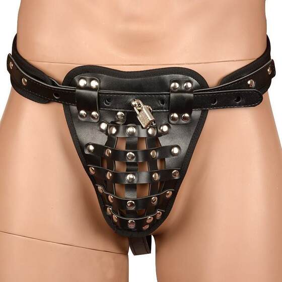 
Men's M chastity pants iron briefs briefs black leather lock key men's T pants lock leather pants thong panties