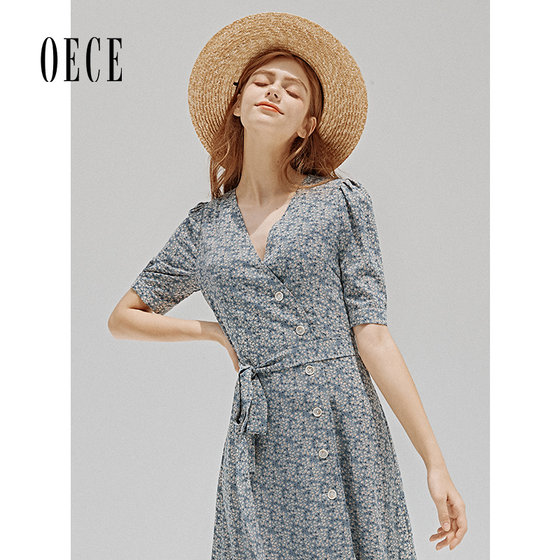 
oece summer new style women's literary and fresh style small floral V-neck high waist strappy puff sleeve dress