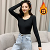 Black 2022 spring, autumn and winter women,s bottoming shirt plus velvet thickened cotton t-shirt long-sleeved inner autumn clothes tight top