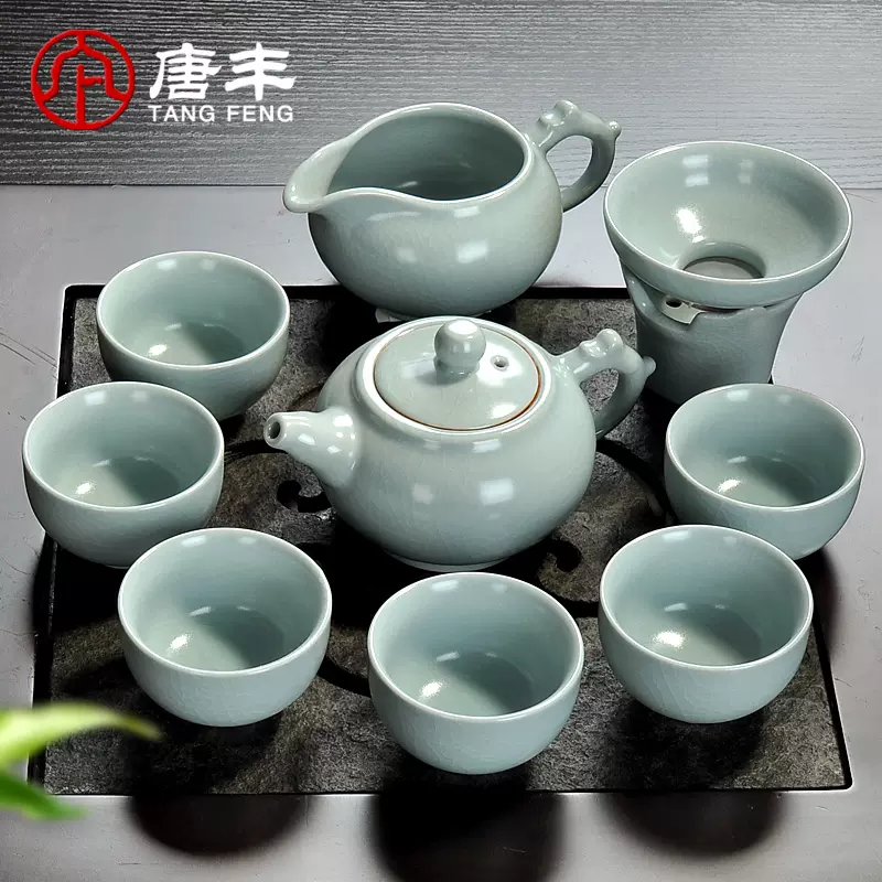 唐丰仿宋汝窑蝉翼开片可养整套功夫仿汝瓷茶具陶瓷茶壶茶杯套装-Taobao