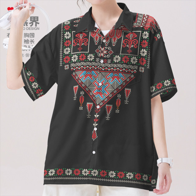 National trend and ethnic style ancient Miao traditional totem embroidered short-sleeved shirt men's and women's clothing 0017 design without boundaries