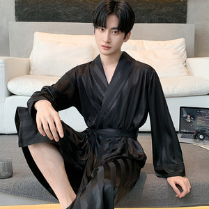 
Men's nightgown spring and autumn ice silk thin high-end striped silk pajamas long-sleeved men's bathrobe yukata dressing gown
