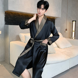 
2026 New Spring and Autumn Ice Silk Men's Nightgown Long Sleeve Breathable Thin Bathrobe Silk Home Clothing Spring and Summer Large Size