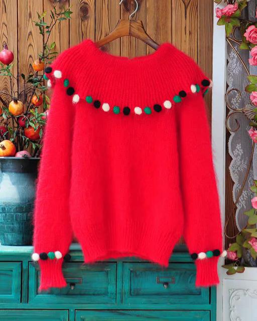 Vitality girl Japanese sweet candy beans lotus leaf collar long mohair women loose red sweater pullover