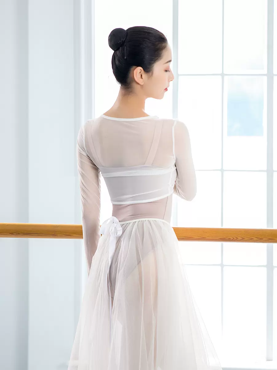 新品小茉莉前抽褶舞蹈服纱衣成人女形体连体芭蕾舞练功服网纱上衣