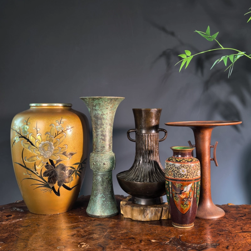 華道具 時代 金工 銅製 金象嵌 銀象嵌 花瓶 花入 花生 一對 花器