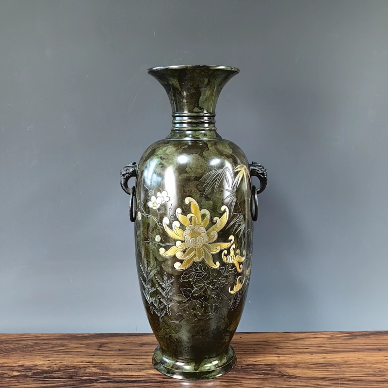 日本高岗铜器手刻金银象嵌四君子纹样大花瓶复古家居客厅摆件带款-Taobao