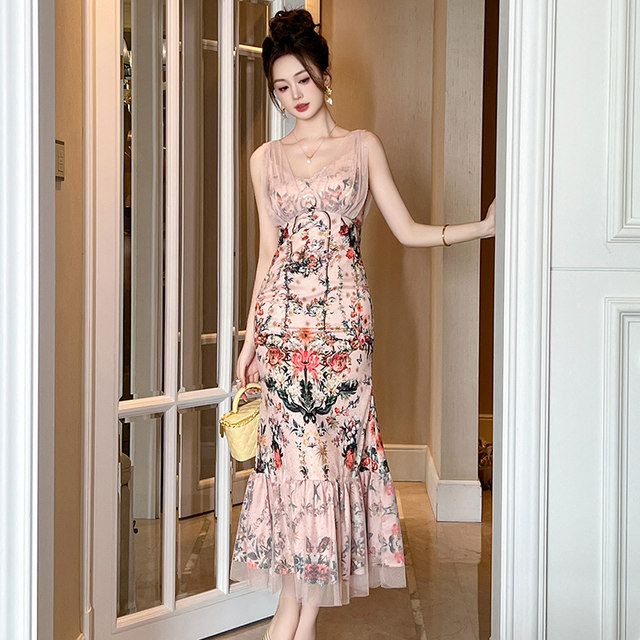Women Slim Fit Bandeau Sling Short Niche Floral Dress