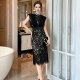 French Hepburn style sleeveless workwear dress, professional temperament, high-end feel, slim half-high collar, hip-hugging lace skirt