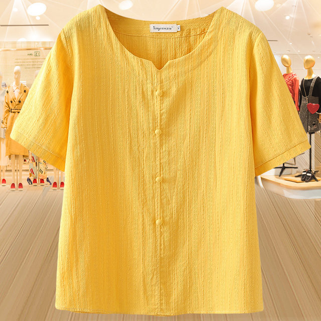 Short-sleeved pullover jacquard cotton shirt for women 2025 summer new style middle-aged and elderly mothers wear loose and fashionable top