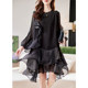 Baoshili round neck mesh spliced ​​long-sleeved dress 2025 spring temperament simple high-end casual black skirt
