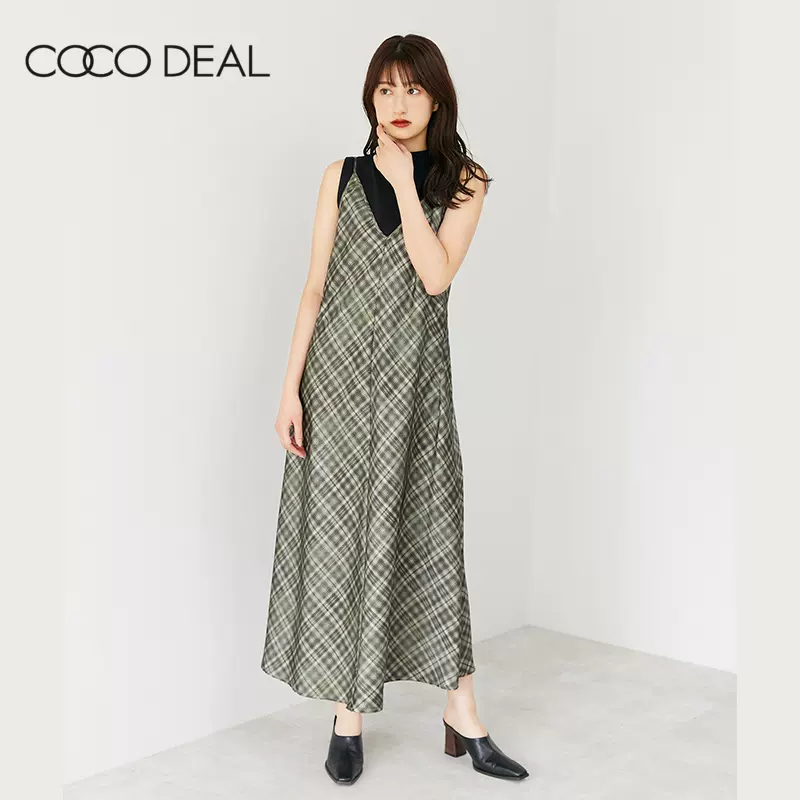 COCO DEAL 复古撞色菱形格纹长款日系吊带连衣裙长裙女71615173-Taobao