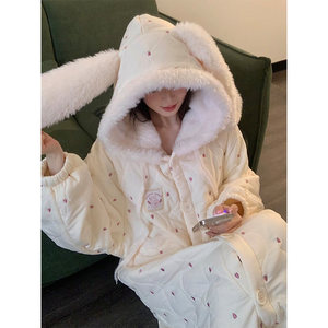 
Sweet Mary Cat Print Girls Hooded Padded Nightgown Women's Autumn and Winter New Home Clothes Thickened Large Size Nightgown