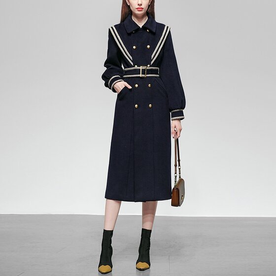
Autumn and winter new women's style navy style webbing mid-length lantern sleeves double-breasted woolen coat trendy