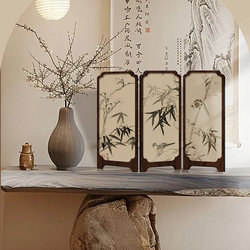 Medieval-Style Ink Bamboo Small Screen Desktop Ornament, New Chinese-Style Office Tea Table, Entrance Cabinet Decoration, Vintage Decorative Painting