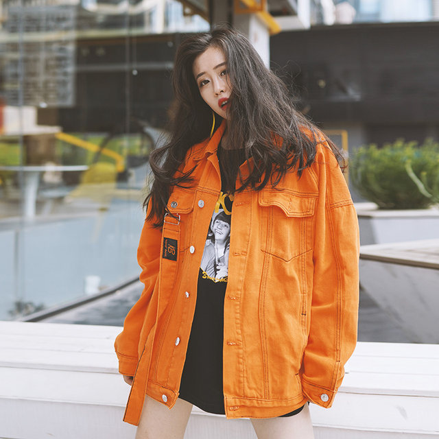 Hip-Hop National Trend Orange Denim Jacket Autumn Unisex Street