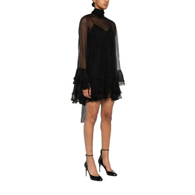 Women's silk long sleeves micro perspective micro perspective ruffled flared sleeve pleated high-end dress spring and summer new products