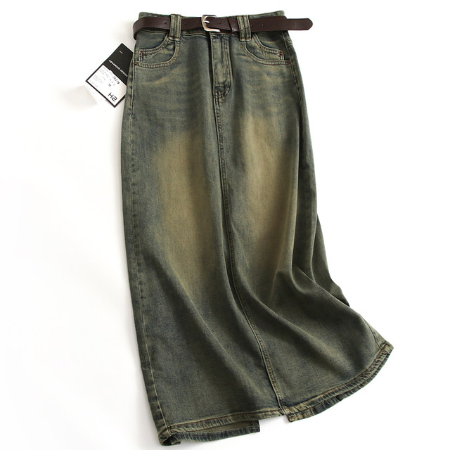 Soft retro! Make old water washing! With waistband high -waisted thin straight skirt wild long skirt female skirt G370
