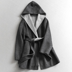 
Sheep wool blended vertical cut H silhouette hooded mid-length double-sided woolen coat long-sleeved women's woolen coat M145