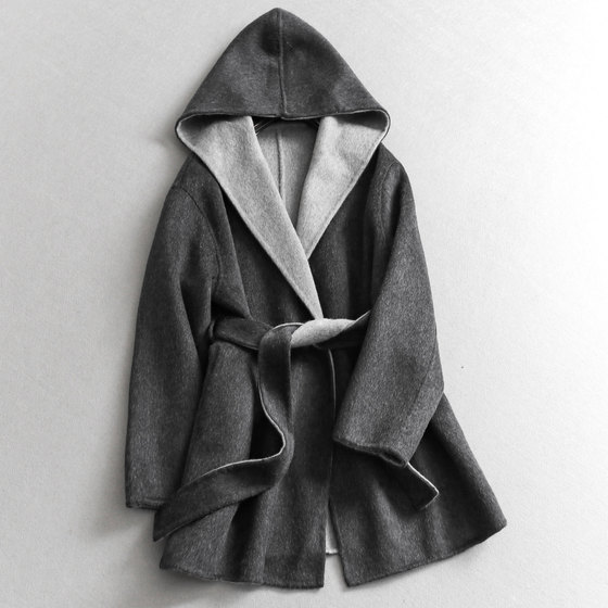 
Sheep wool blended vertical cut H silhouette hooded mid-length double-sided woolen coat long-sleeved women's woolen coat M145