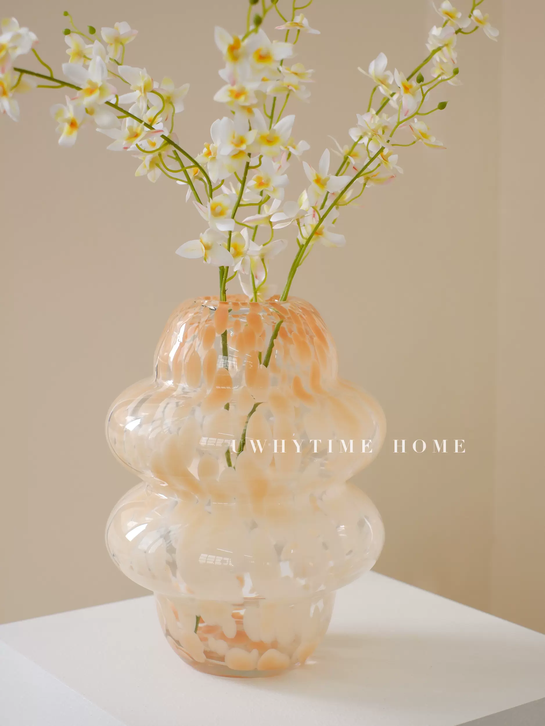 无为时间馆温柔点点奶油风花瓶高级手工琉璃花器摆件仿真花组合-Taobao