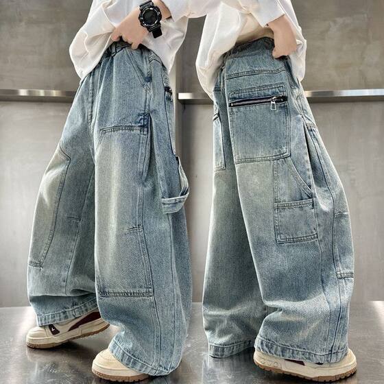 
Boys' Autumn Jeans 2025 New Handsome Middle and Large Boys' Spring and Autumn Children's Workwear Wide-Leg Trousers