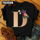 Black Letter Floral Tshirt Fashion Gold 26 Letter Flower Print Men's and Women's Black T-shirt
