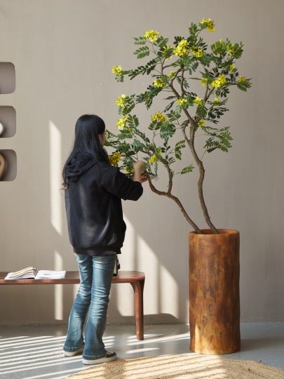180cm 人工観葉植物 - 室内植木鉢、黄色のニセアカシアの花