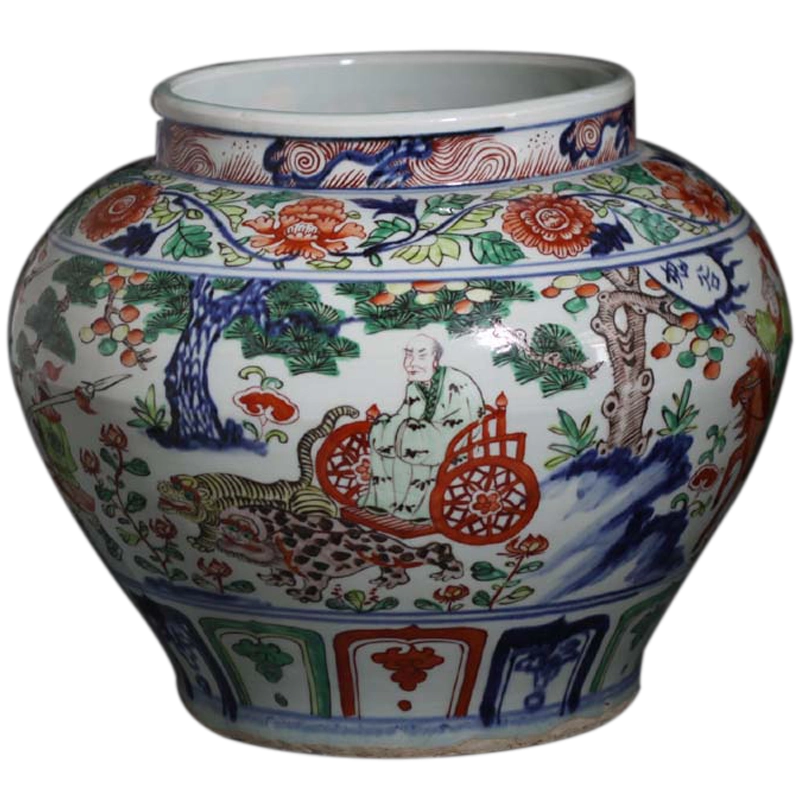 元代缠枝花卉鬼谷子下山图青花象耳瓶，郎世宁-精品绢本字画画心