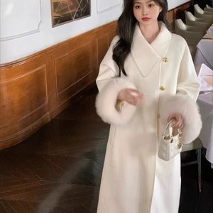 
Rich family daughter double-sided cashmere coat real fox fur sleeves wool coat fashionable luxury wool jacket