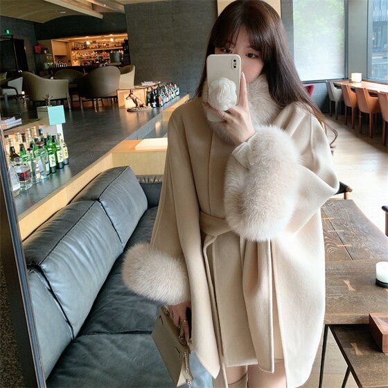
100 wool coat, luxurious new year cloak, fox fur high-end wool double-sided coat, shawl fur coat