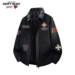 
Charles peach heart fake two-piece lapel cotton coat for men and women winter new warm and thickened couple printed cotton coat jacket