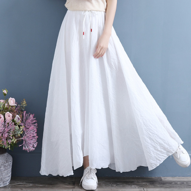 Spring and summer cotton, linen, elegant loose large size A -line large skirt women's skirt literary retro new fairy middle long skirt