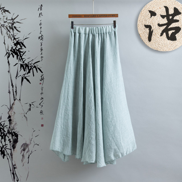 Retro Chinese style elastic waist double-layer cotton and linen tulle skirt spring literary style big hem skirt fairy long skirt versatile