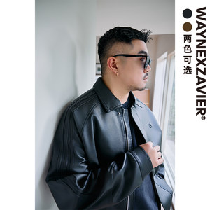 
Wayne Xavier loose large size men's lapel split raglan sleeves embroidered casual retro leather jacket 8328